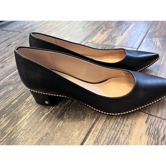 Coach Willa Women 8.5B Black Leather Pointed Toe Block Heel Pumps Gold Bead Logo - Picture 10 of 10